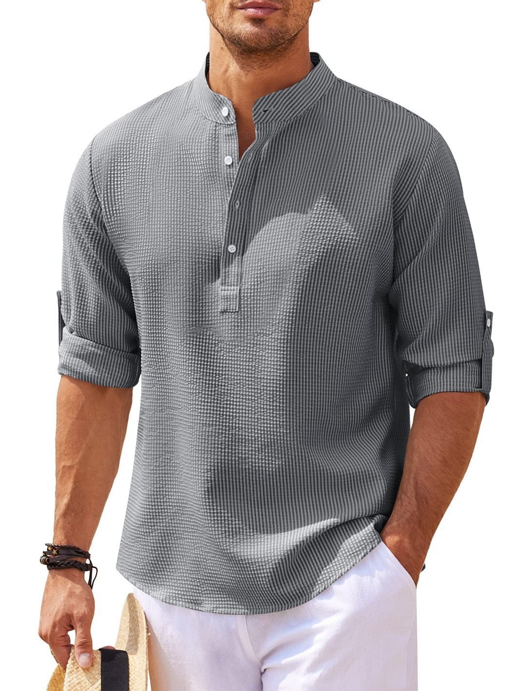 Men's Versatile Long Sleeve Stand Collar Shirt - Stylish Solid Color Essential for Any Occasion