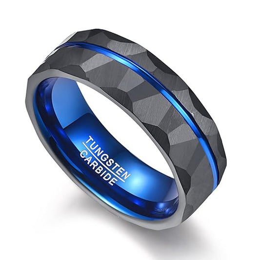 Men's Blue and Black Plated Tungsten Ring with Flower Sand Surface Design