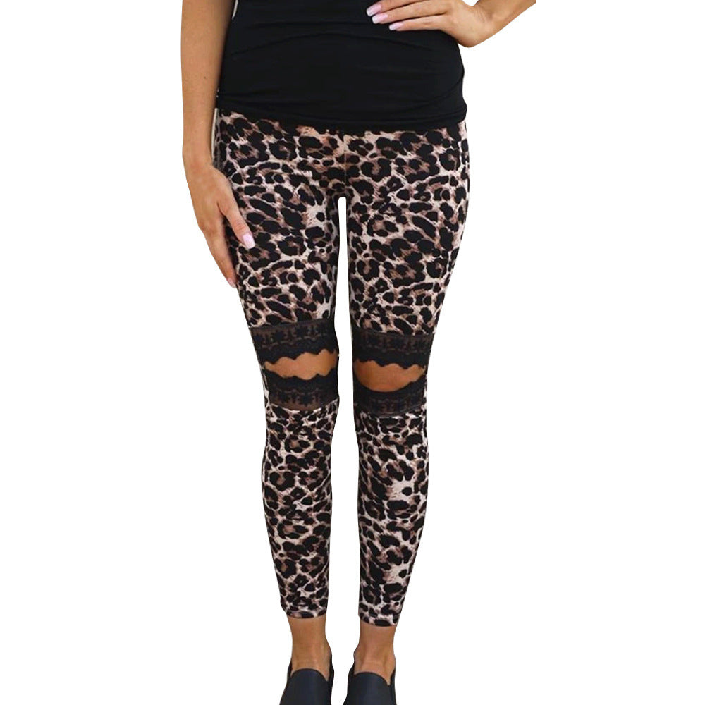 Leopard Print Hollow Lace Leggings for Trendy Comfort