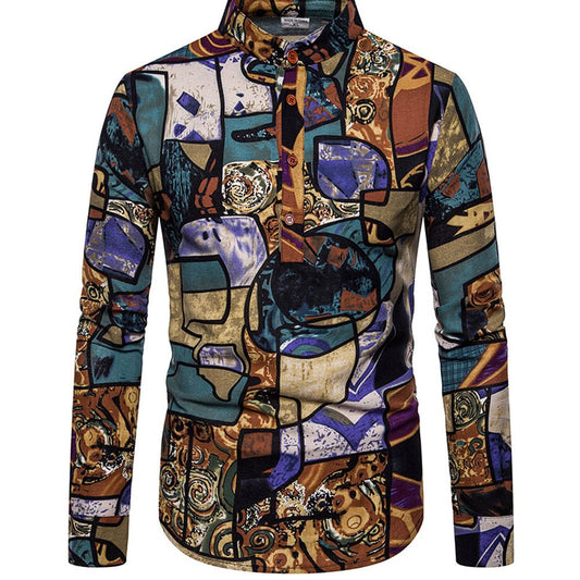 Trendy Plus Size Men's Long Sleeve Floral Shirt