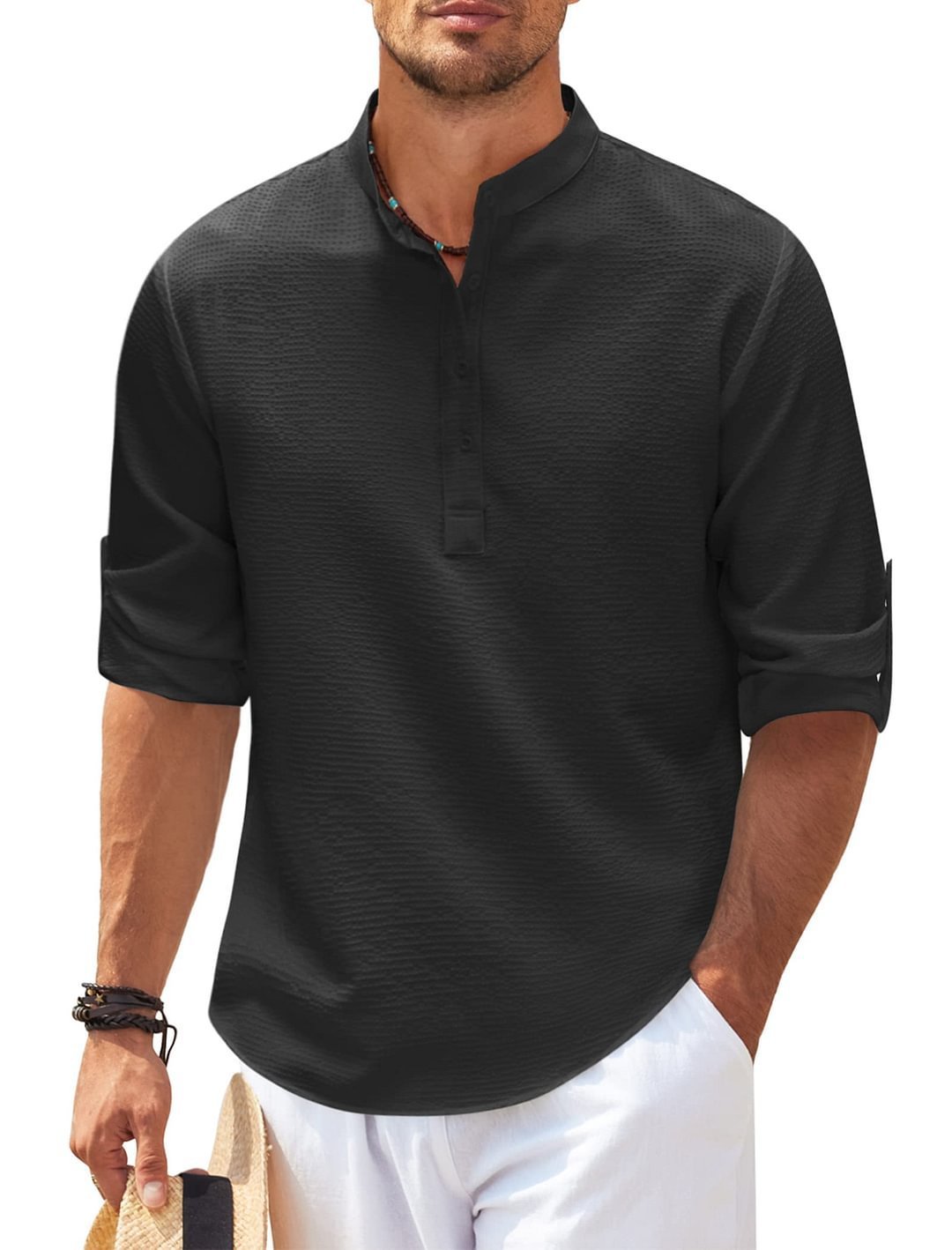 Men's Versatile Long Sleeve Stand Collar Shirt - Stylish Solid Color Essential for Any Occasion