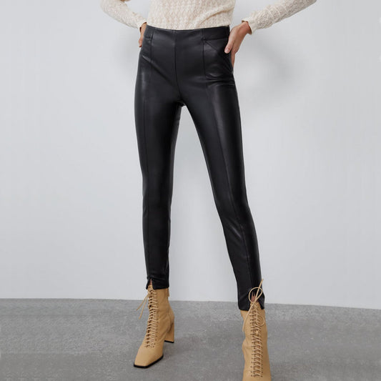 Chic Mid-Rise PU Leather Leggings