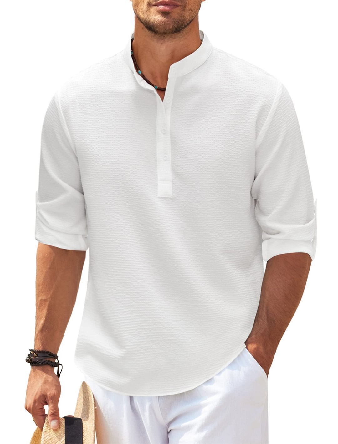 Men's Versatile Long Sleeve Stand Collar Shirt - Stylish Solid Color Essential for Any Occasion