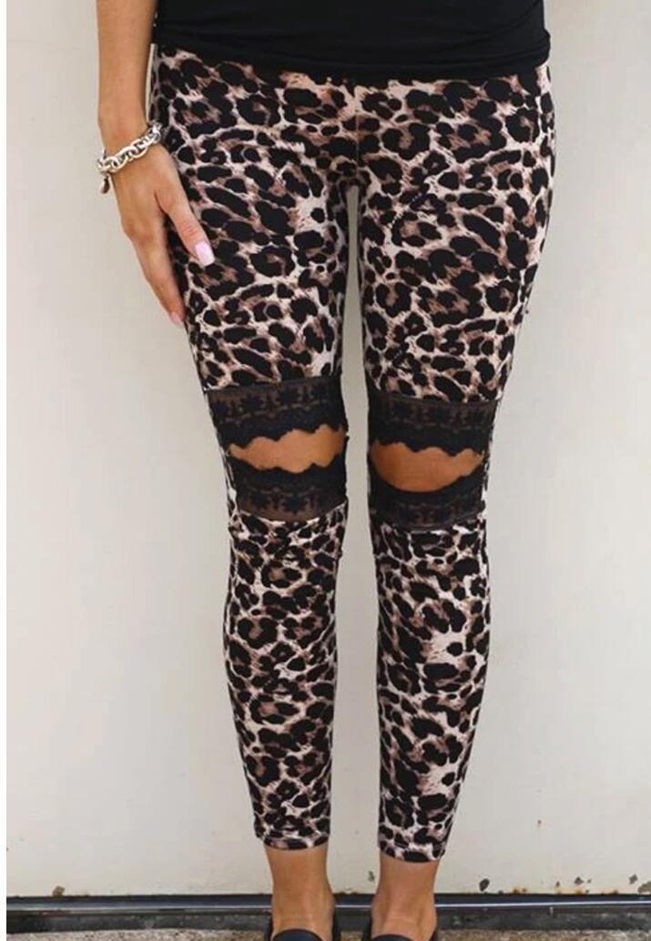 Leopard Print Hollow Lace Leggings for Trendy Comfort