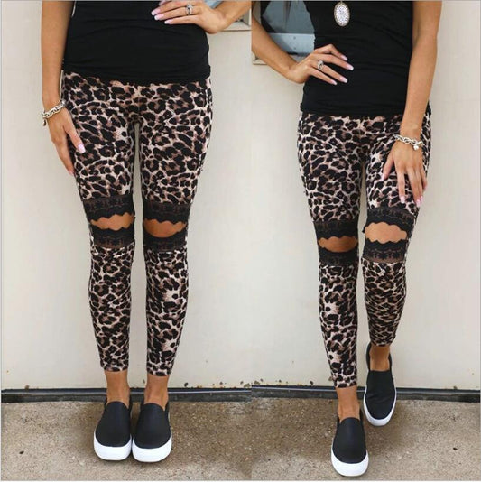 Leopard Print Hollow Lace Leggings for Trendy Comfort