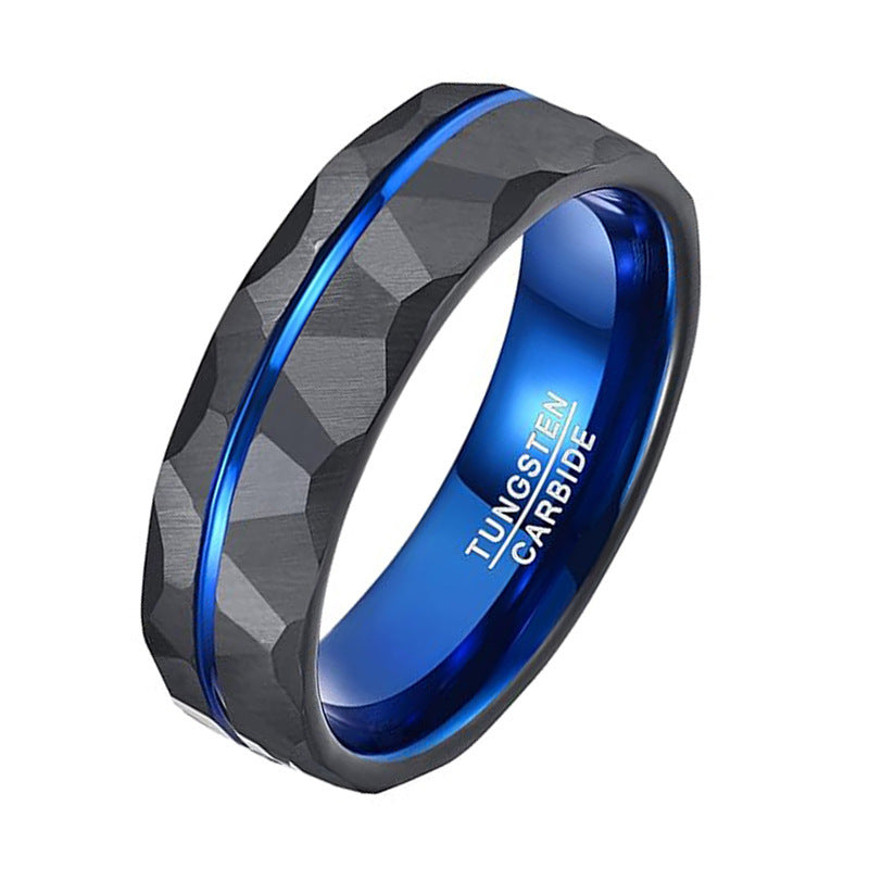 Men's Blue and Black Plated Tungsten Ring with Flower Sand Surface Design