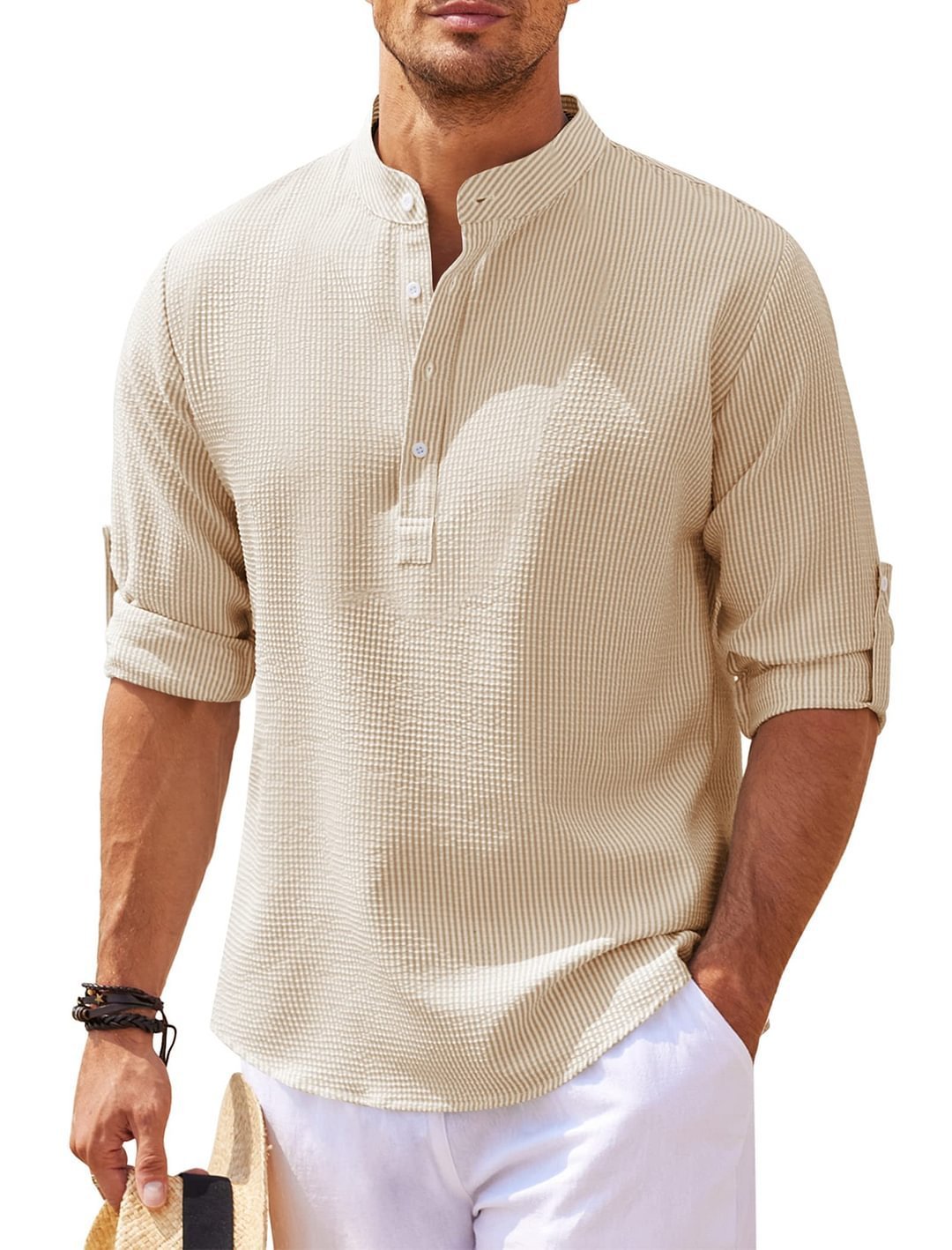 Men's Versatile Long Sleeve Stand Collar Shirt - Stylish Solid Color Essential for Any Occasion