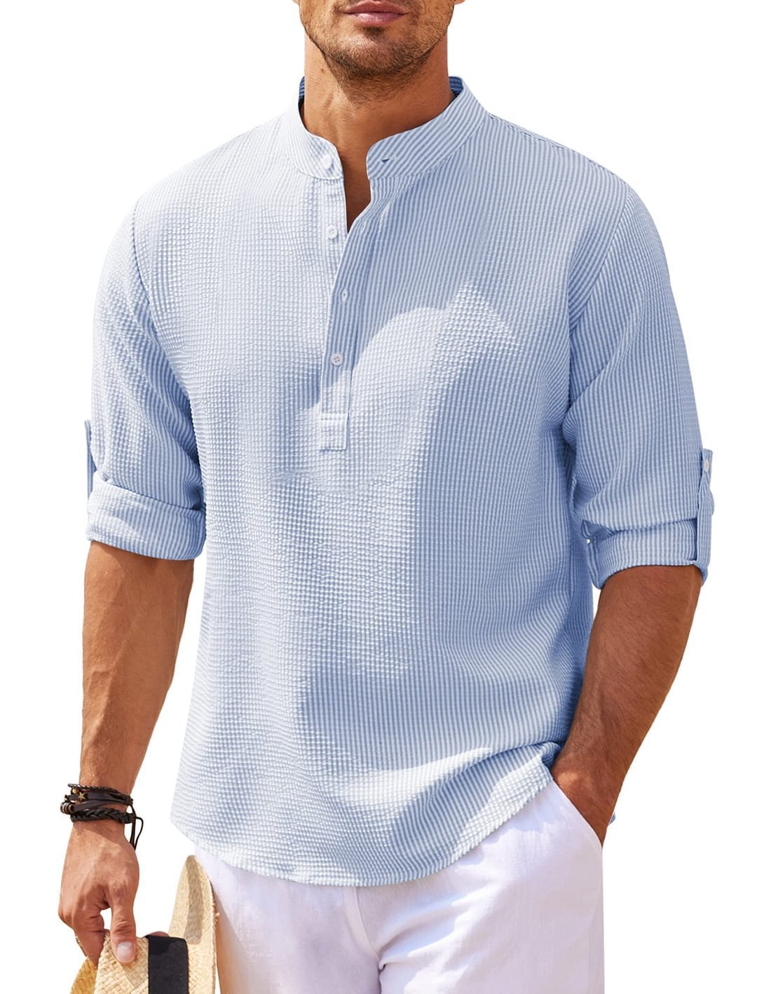 Men's Versatile Long Sleeve Stand Collar Shirt - Stylish Solid Color Essential for Any Occasion