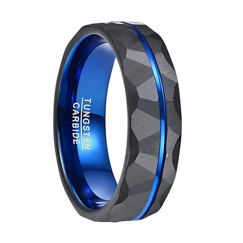 Men's Blue and Black Plated Tungsten Ring with Flower Sand Surface Design