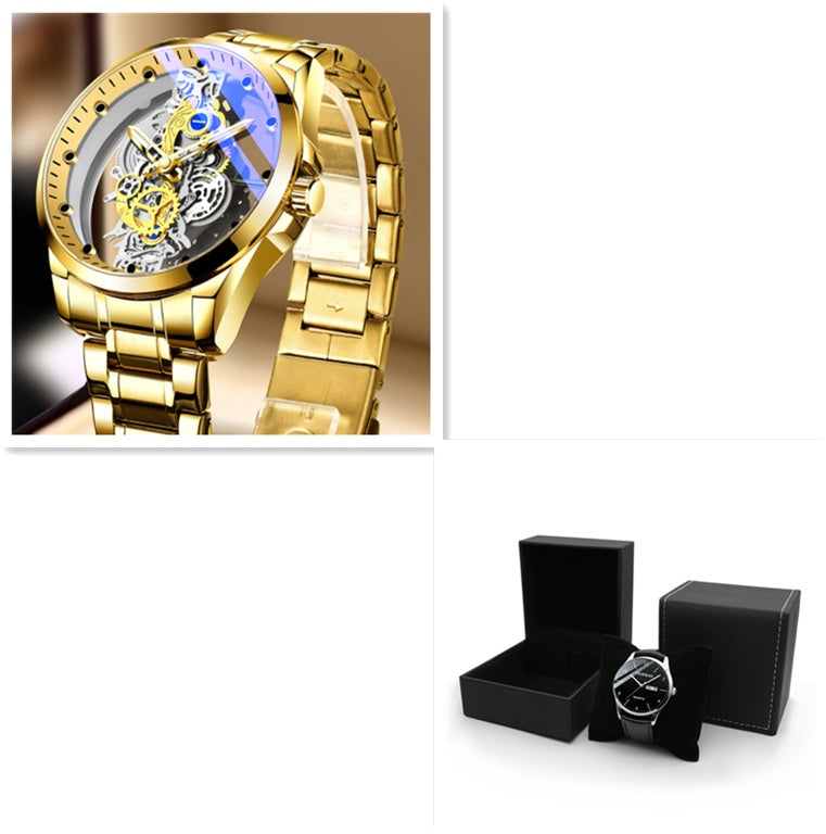 Luxury Gold Skeleton Automatic Quartz Watch for Men - Vintage Style Timepiece