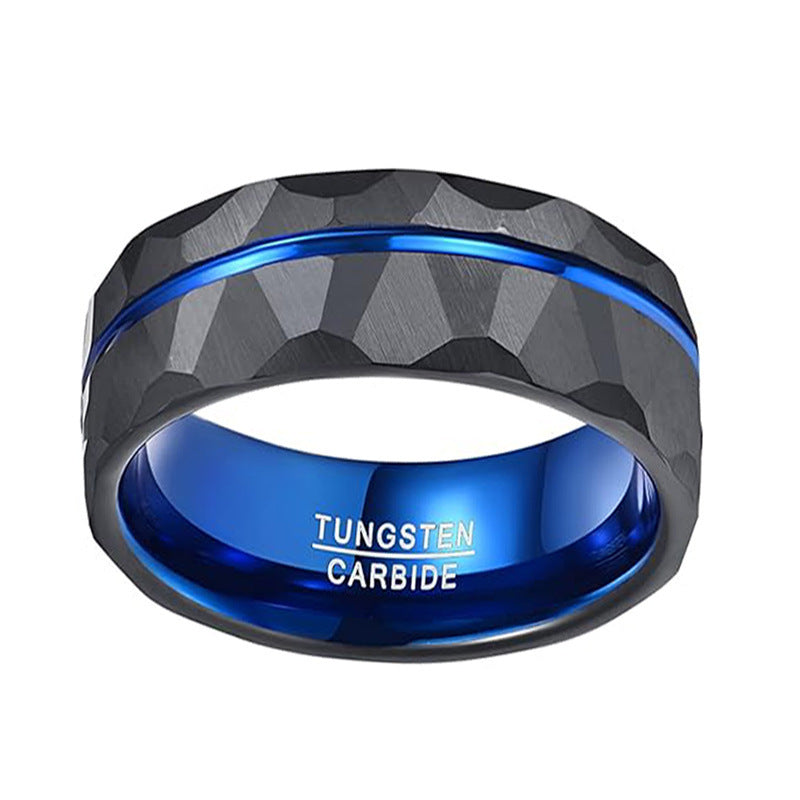 Men's Blue and Black Plated Tungsten Ring with Flower Sand Surface Design