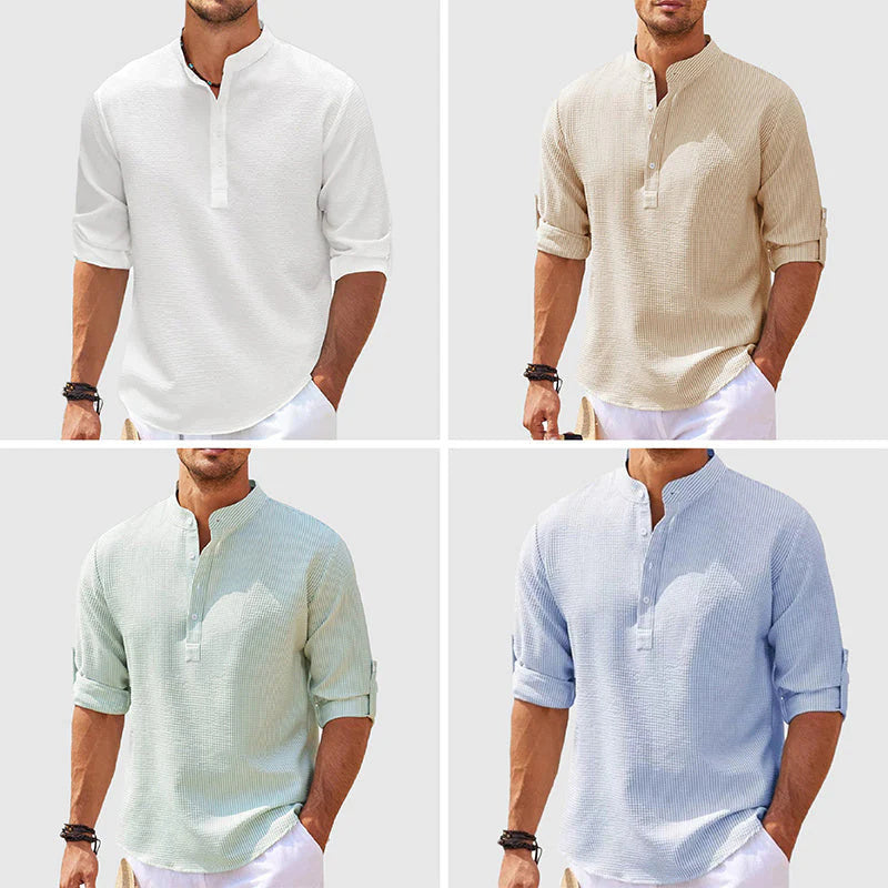 Men's Versatile Long Sleeve Stand Collar Shirt - Stylish Solid Color Essential for Any Occasion