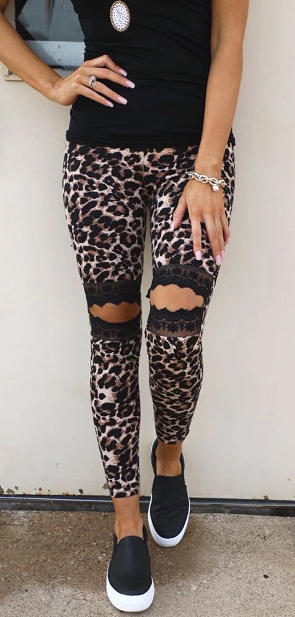 Leopard Print Hollow Lace Leggings for Trendy Comfort