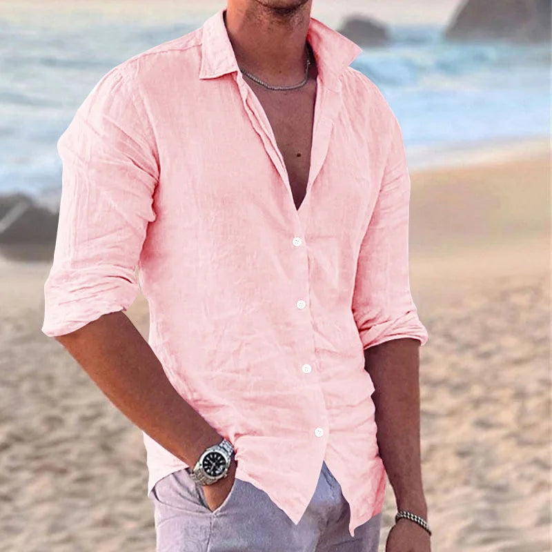 2024 Men's Stylish Linen Lapel Long Sleeve Shirt - Casual Solid Color Beach Top for All Sizes