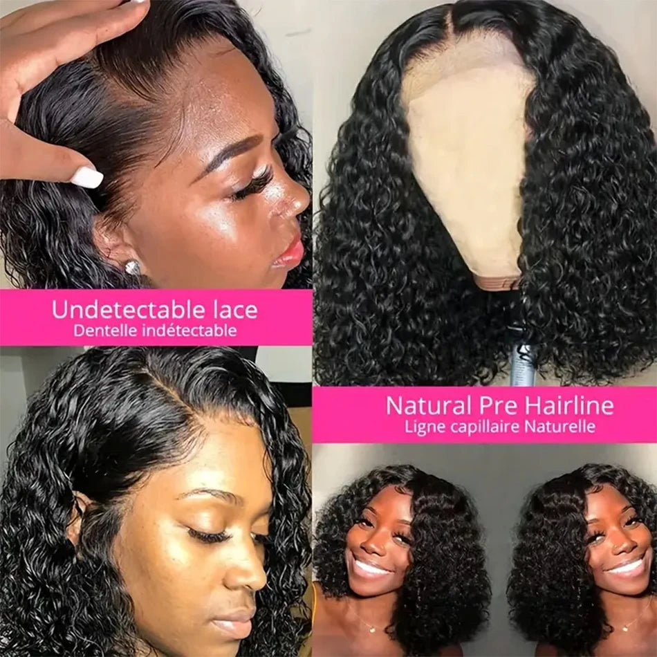 13X4 Curly Short Bob Lace Frontal Wig - 200% Density Natural Human Hair with Deep Curly Waves