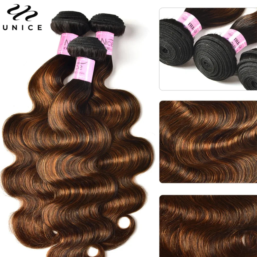 Unice FB30 Ombre Brown Balayage Body Wave Human Hair Bundles - 3PCS Premium Sew-In Weaves