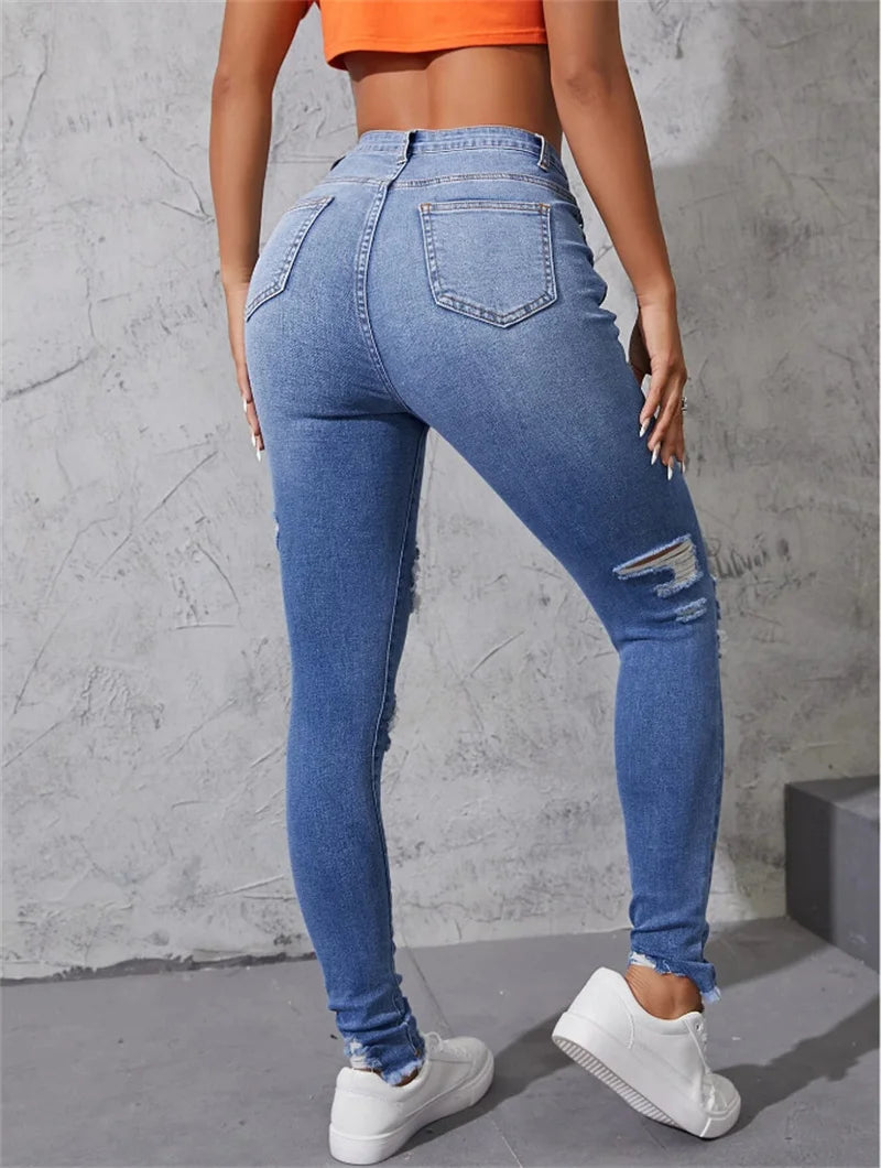 Hot Sale Women's Ripped Skinny Jeans Fashionable High Stretch Slim Fit Butt Lift Denim Pencil Pants Casual Ladies Trousers S-2XL