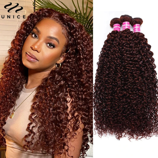 UNICE Reddish Brown Curly Human Hair Bundles - 3PCS 100% Remy Hair Extensions for Sew-Ins and Quick Weaves