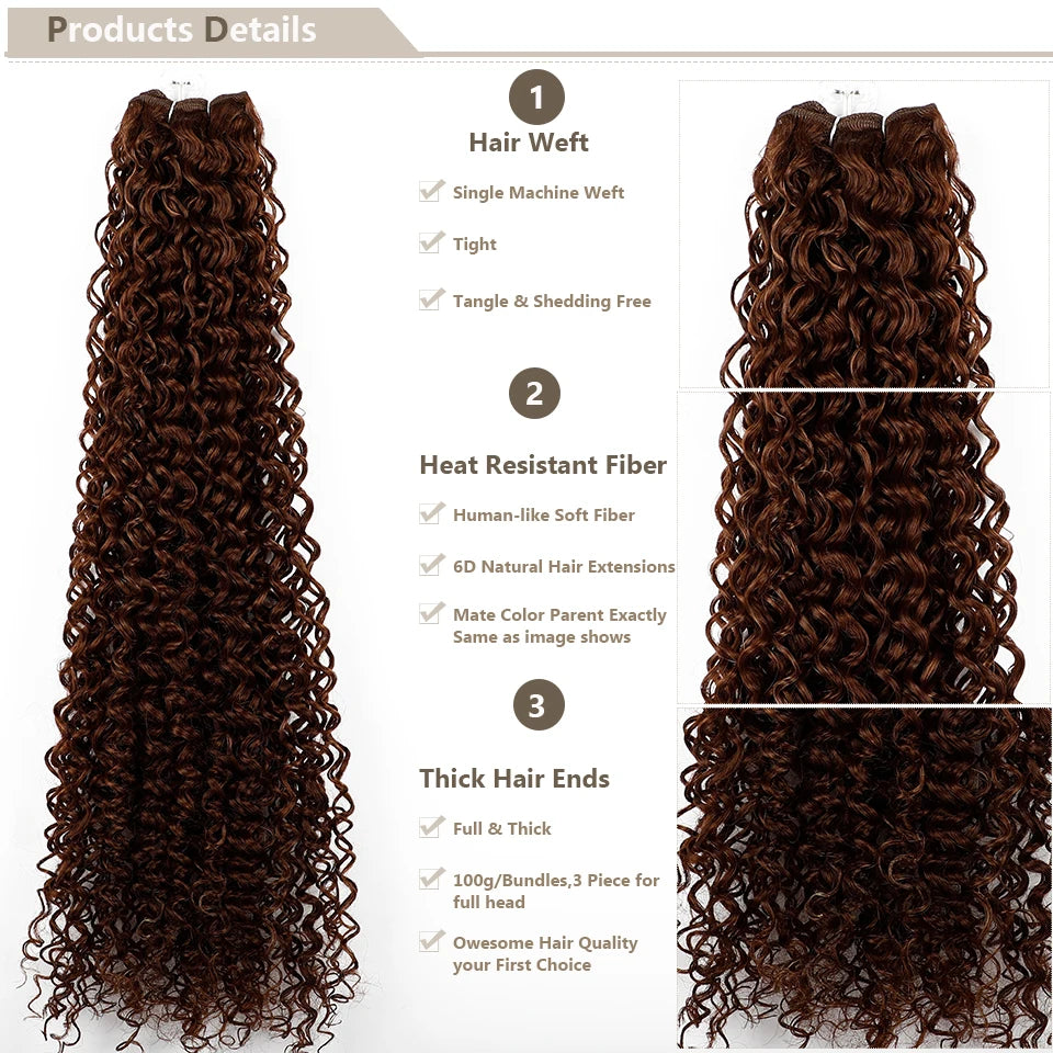 26" Heat-Resistant Brown Jerry Curly Synthetic Hair Extensions - Soft, Natural, and Easy to Style Weave Bundle