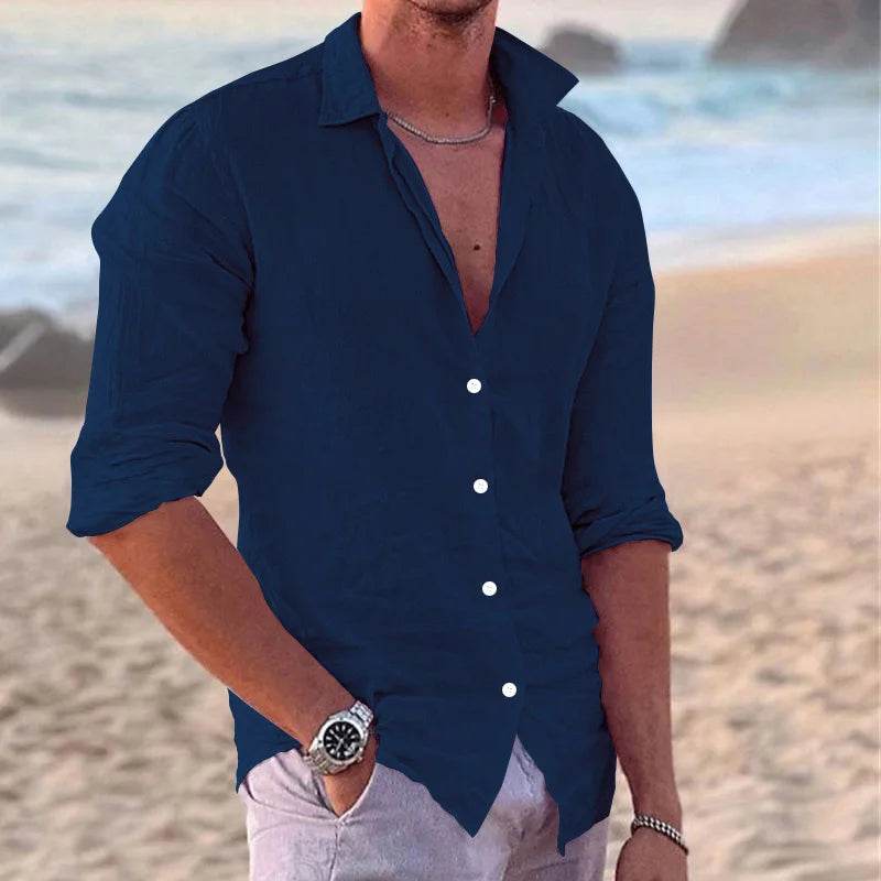 2024 Men's Stylish Linen Lapel Long Sleeve Shirt - Casual Solid Color Beach Top for All Sizes