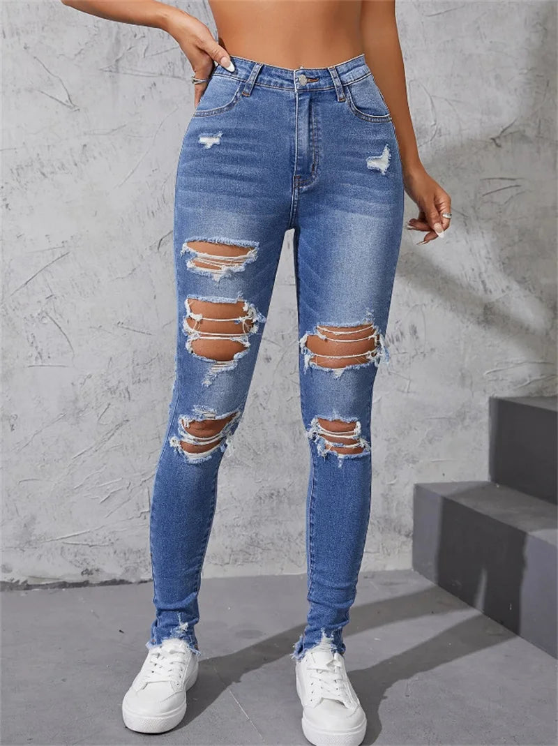 Hot Sale Women's Ripped Skinny Jeans Fashionable High Stretch Slim Fit Butt Lift Denim Pencil Pants Casual Ladies Trousers S-2XL