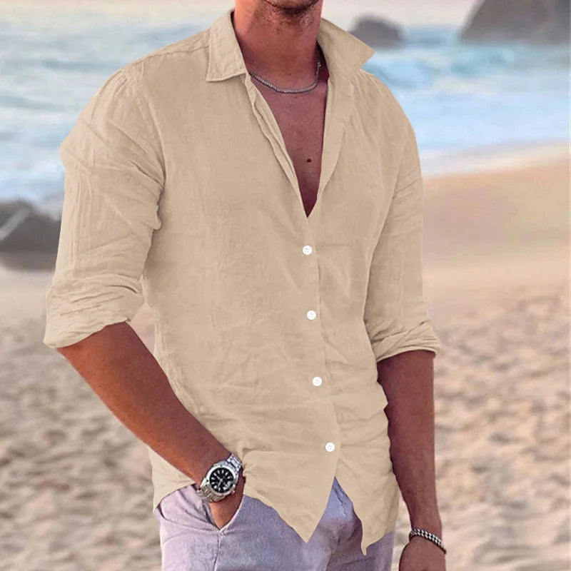 2024 Men's Stylish Linen Lapel Long Sleeve Shirt - Casual Solid Color Beach Top for All Sizes