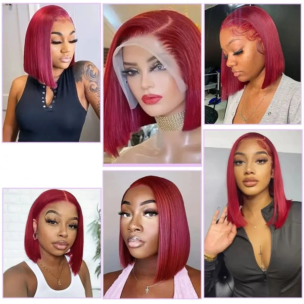 Vibrant 99J Burgundy 13x4 HD Lace Frontal Bob Wig - Pre-Plucked, Short Straight Brazilian Human Hair, 200% Density