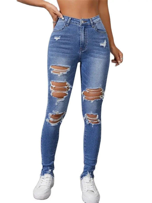 Hot Sale Women's Ripped Skinny Jeans Fashionable High Stretch Slim Fit Butt Lift Denim Pencil Pants Casual Ladies Trousers S-2XL