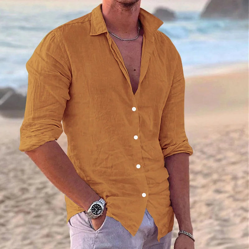 2024 Men's Stylish Linen Lapel Long Sleeve Shirt - Casual Solid Color Beach Top for All Sizes