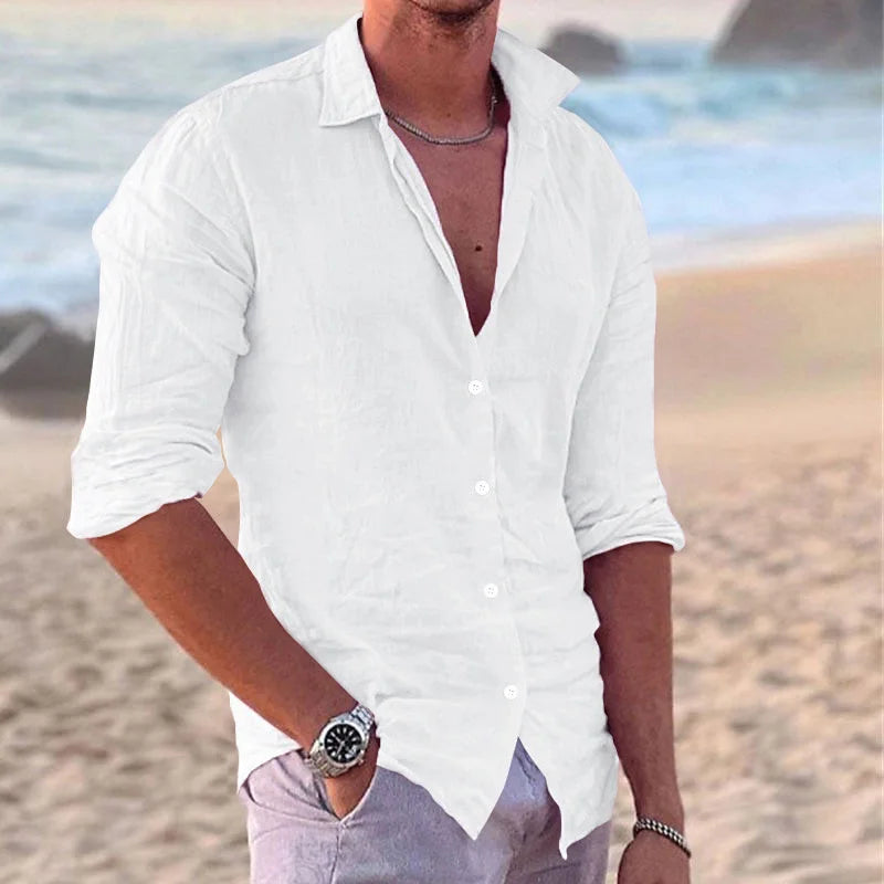 2024 Men's Stylish Linen Lapel Long Sleeve Shirt - Casual Solid Color Beach Top for All Sizes