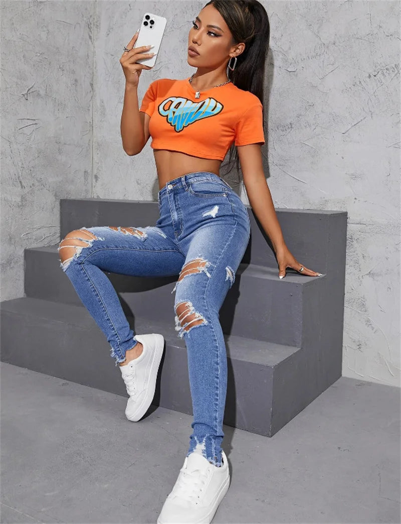 Hot Sale Women's Ripped Skinny Jeans Fashionable High Stretch Slim Fit Butt Lift Denim Pencil Pants Casual Ladies Trousers S-2XL