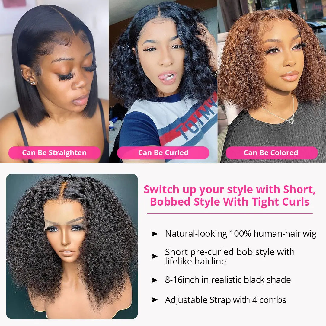 13X4 Curly Short Bob Lace Frontal Wig - 200% Density Natural Human Hair with Deep Curly Waves