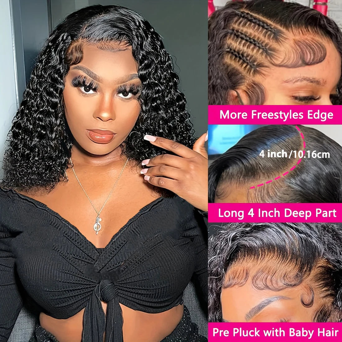 13X4 Curly Short Bob Lace Frontal Wig - 200% Density Natural Human Hair with Deep Curly Waves