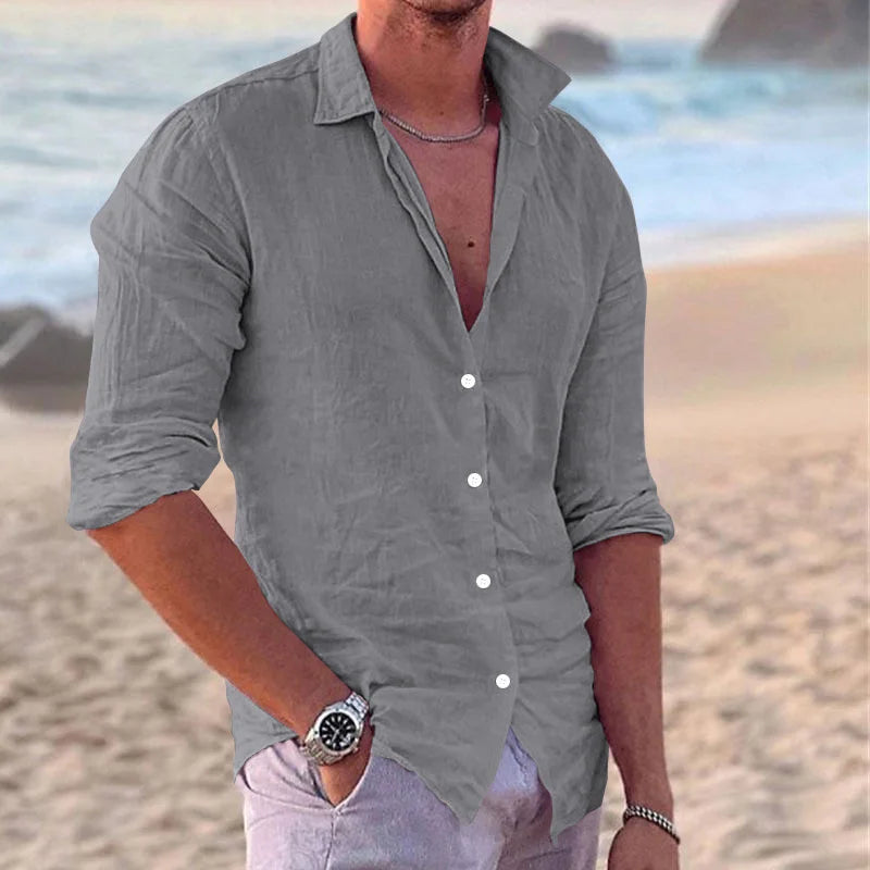 2024 Men's Stylish Linen Lapel Long Sleeve Shirt - Casual Solid Color Beach Top for All Sizes