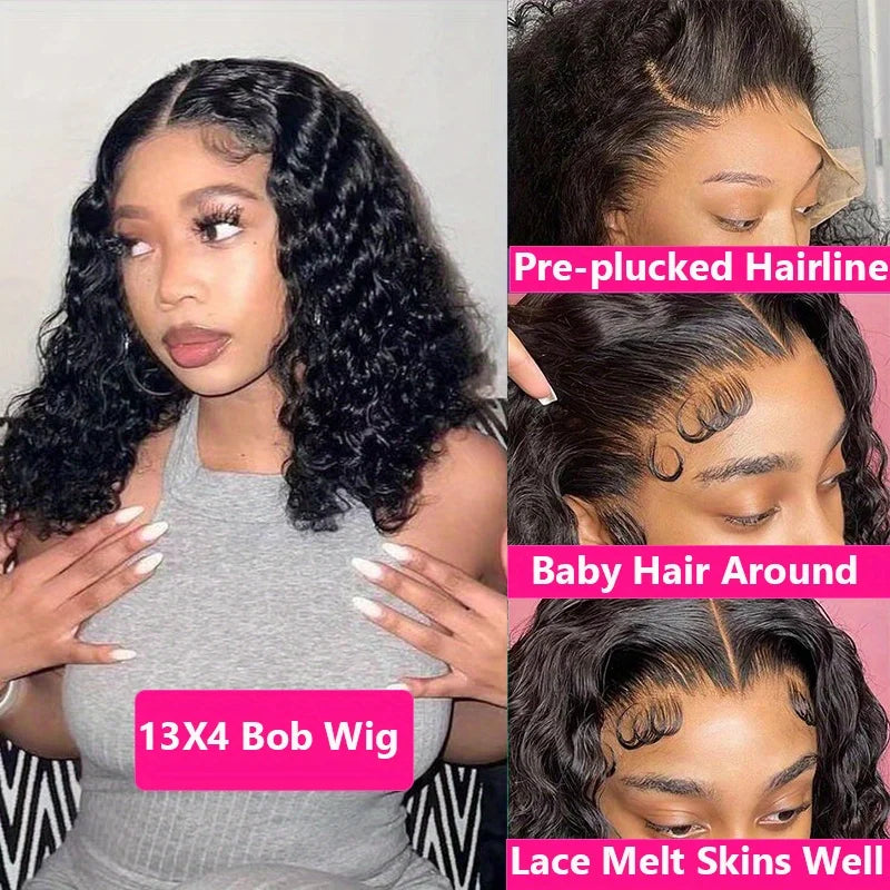 13X4 Curly Short Bob Lace Frontal Wig - 200% Density Natural Human Hair with Deep Curly Waves