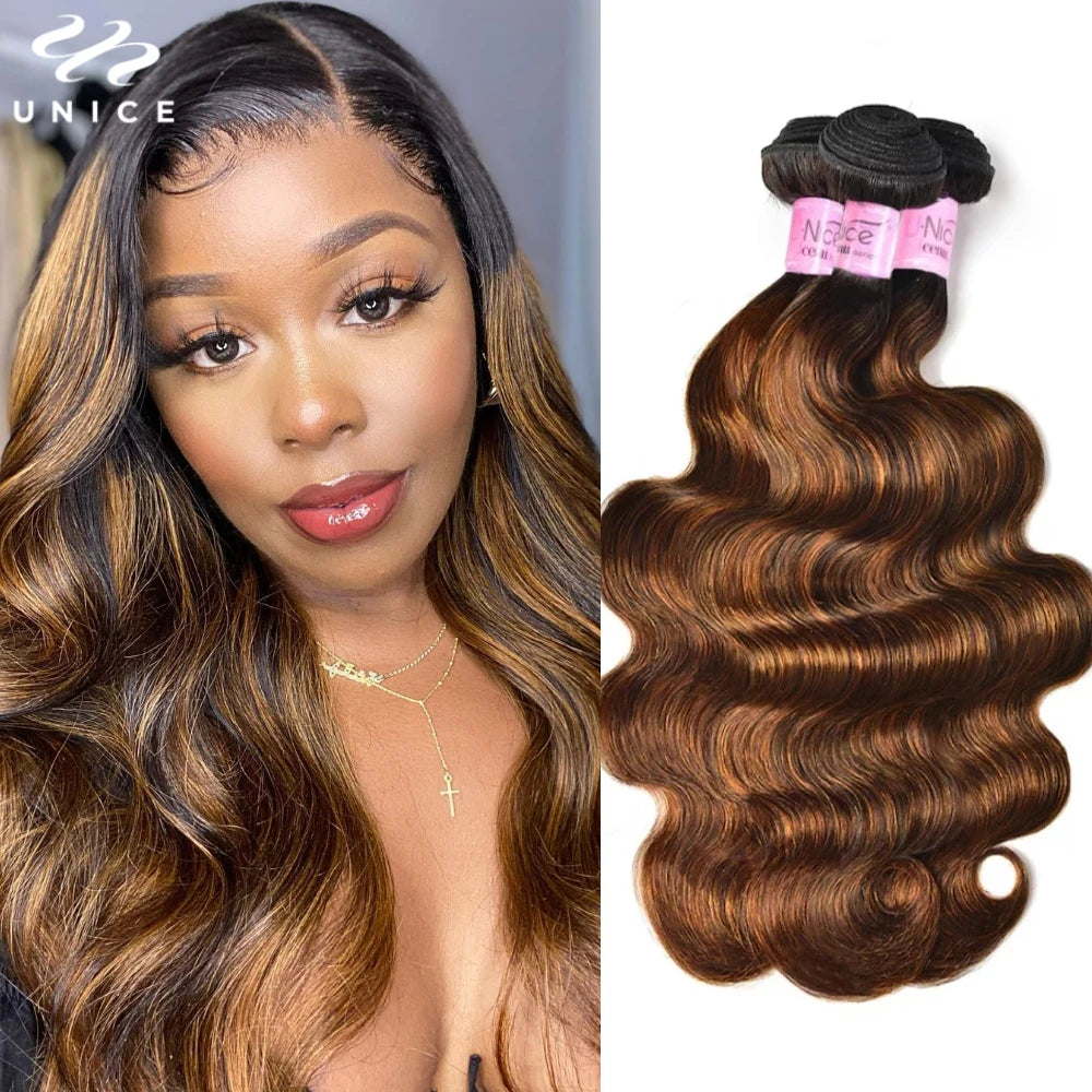 Unice FB30 Ombre Brown Balayage Body Wave Human Hair Bundles - 3PCS Premium Sew-In Weaves