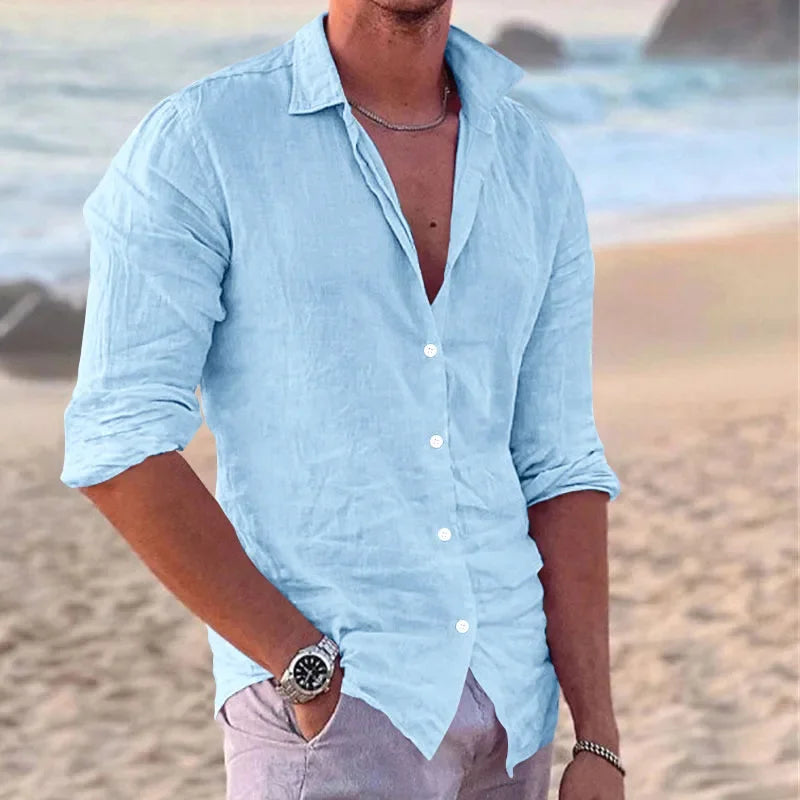 2024 Men's Stylish Linen Lapel Long Sleeve Shirt - Casual Solid Color Beach Top for All Sizes