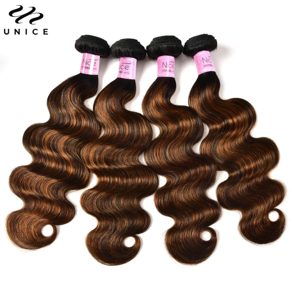 Unice FB30 Ombre Brown Balayage Body Wave Human Hair Bundles - 3PCS Premium Sew-In Weaves