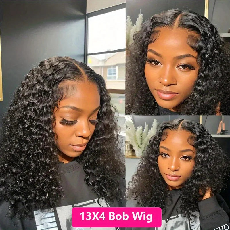 13X4 Curly Short Bob Lace Frontal Wig - 200% Density Natural Human Hair with Deep Curly Waves