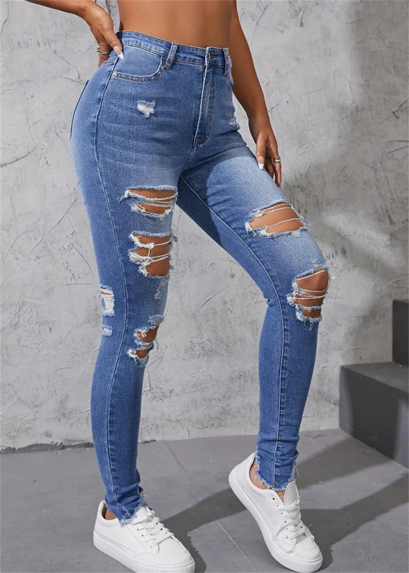 Hot Sale Women's Ripped Skinny Jeans Fashionable High Stretch Slim Fit Butt Lift Denim Pencil Pants Casual Ladies Trousers S-2XL