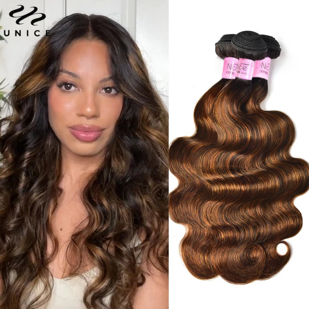 Unice FB30 Ombre Brown Balayage Body Wave Human Hair Bundles - 3PCS Premium Sew-In Weaves