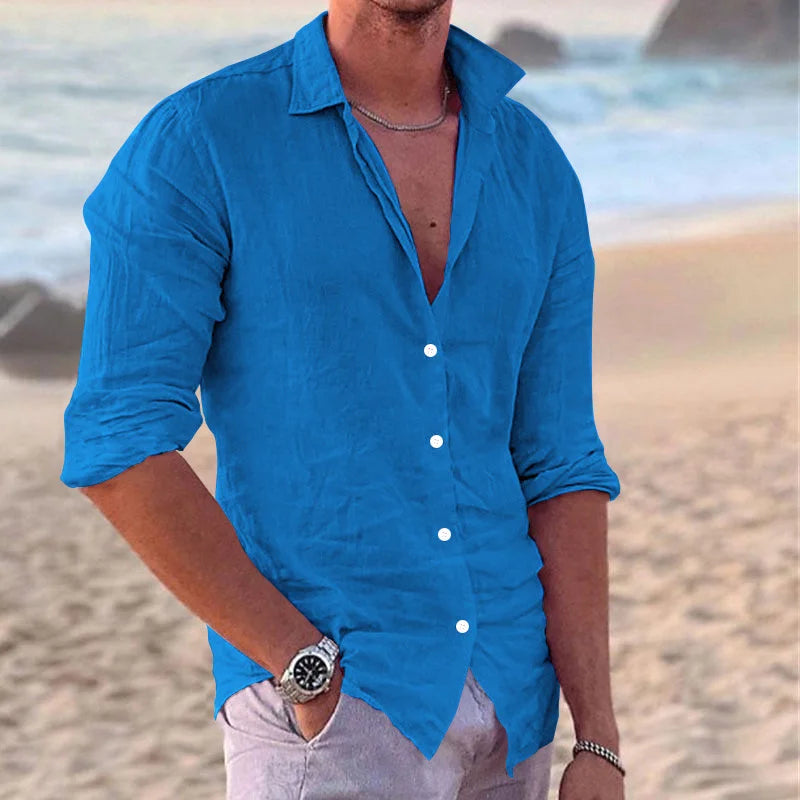 2024 Men's Stylish Linen Lapel Long Sleeve Shirt - Casual Solid Color Beach Top for All Sizes