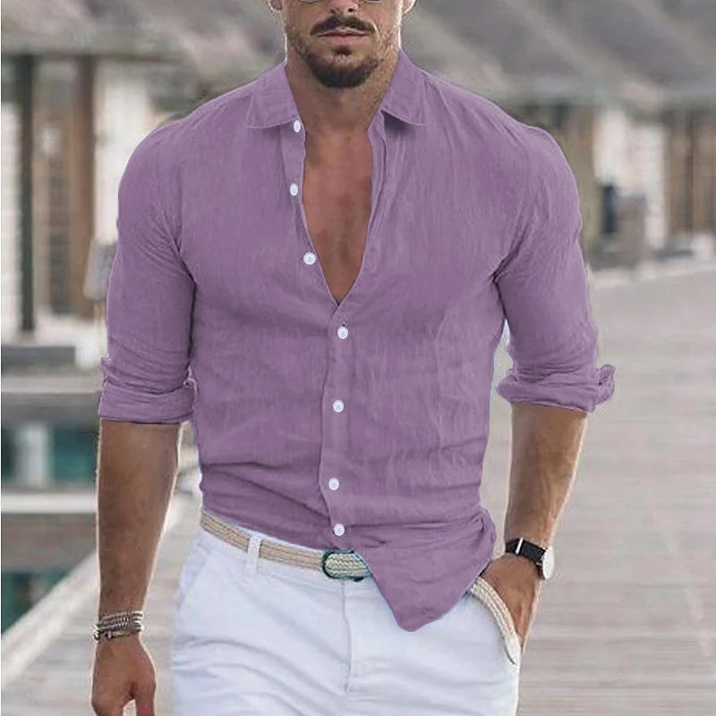 2024 Men's Stylish Linen Lapel Long Sleeve Shirt - Casual Solid Color Beach Top for All Sizes