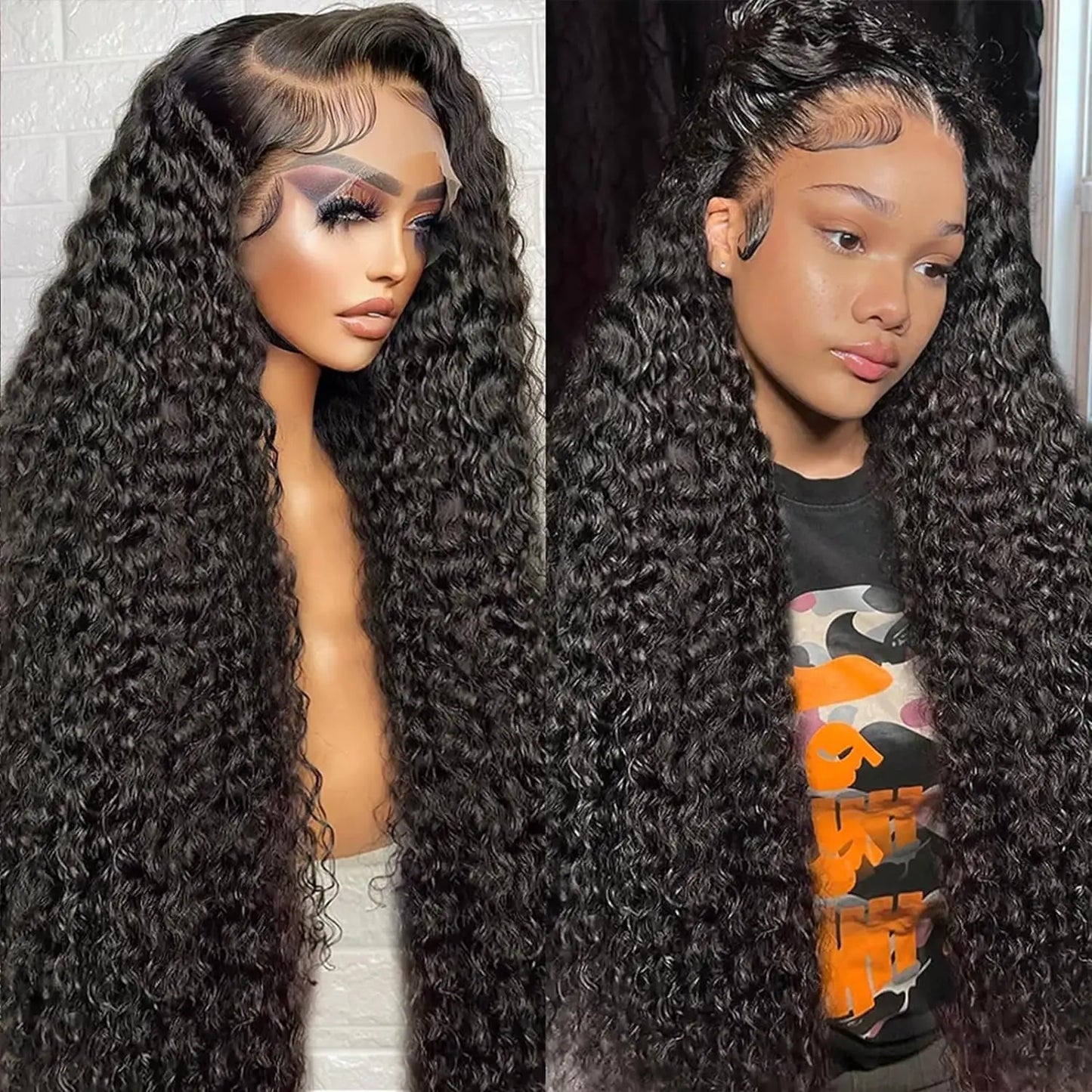 Deep Wave Brazilian Human Hair 13x4 Lace Frontal Wig - Pre-Plucked with Baby Hair and Transparent Lace in Natural Black