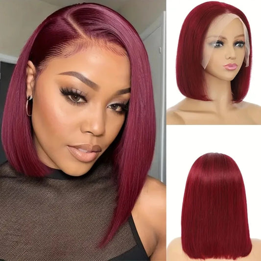 Vibrant 99J Burgundy 13x4 HD Lace Frontal Bob Wig - Pre-Plucked, Short Straight Brazilian Human Hair, 200% Density