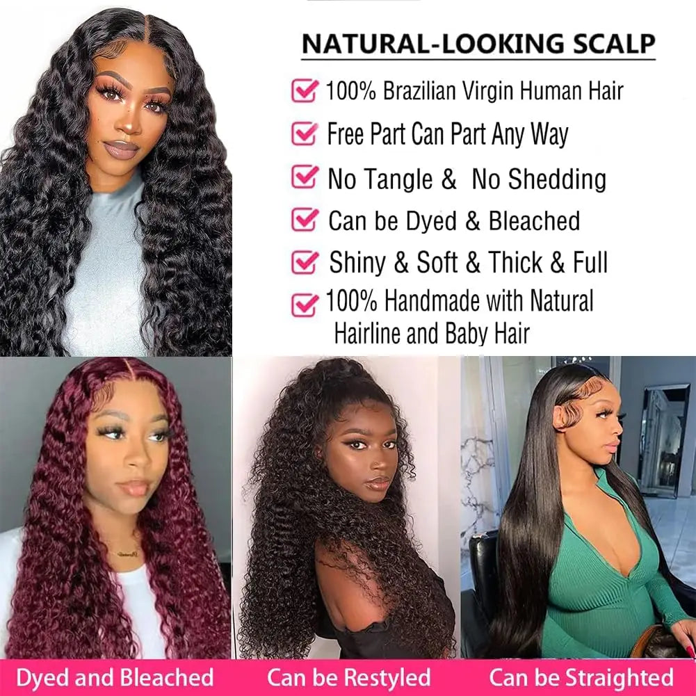 Deep Wave Brazilian Human Hair 13x4 Lace Frontal Wig - Pre-Plucked with Baby Hair and Transparent Lace in Natural Black