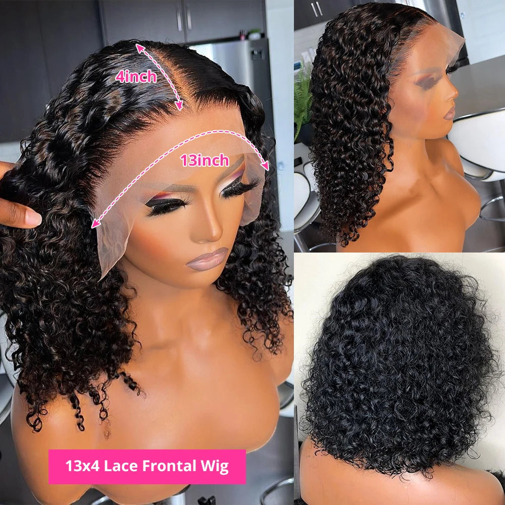 13X4 Curly Short Bob Lace Frontal Wig - 200% Density Natural Human Hair with Deep Curly Waves