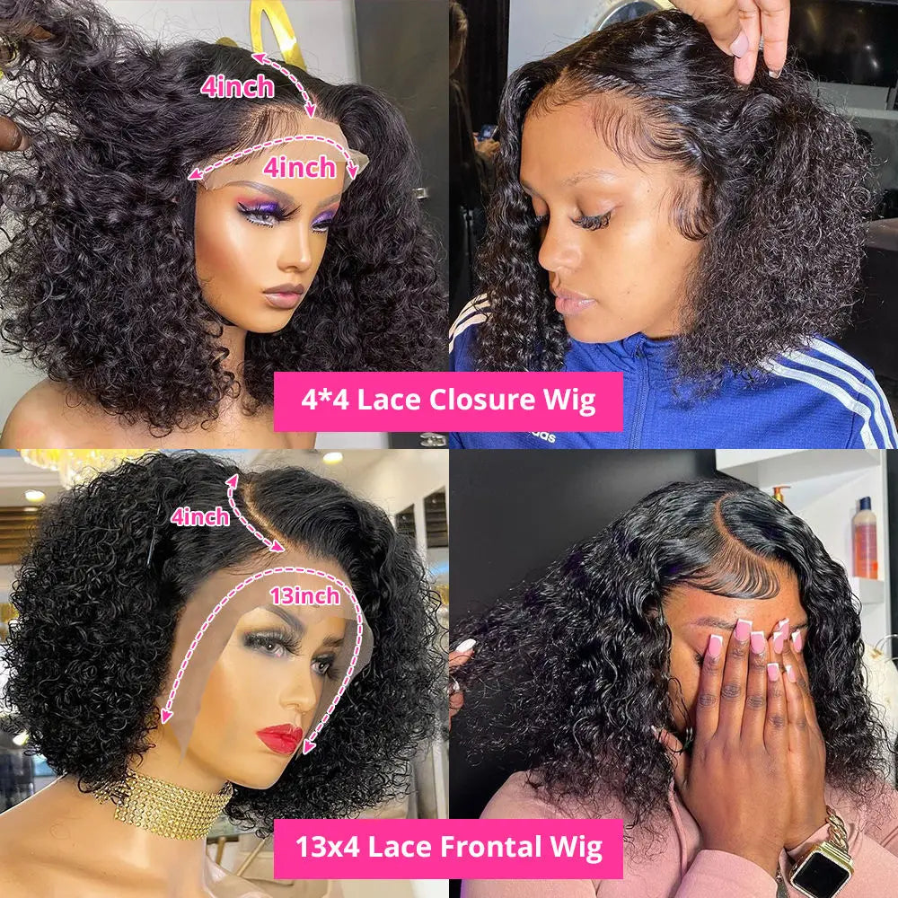 13X4 Curly Short Bob Lace Frontal Wig - 200% Density Natural Human Hair with Deep Curly Waves