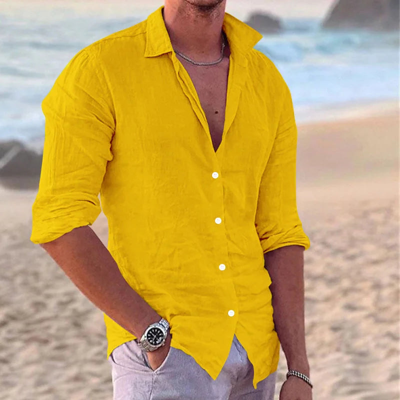 2024 Men's Stylish Linen Lapel Long Sleeve Shirt - Casual Solid Color Beach Top for All Sizes