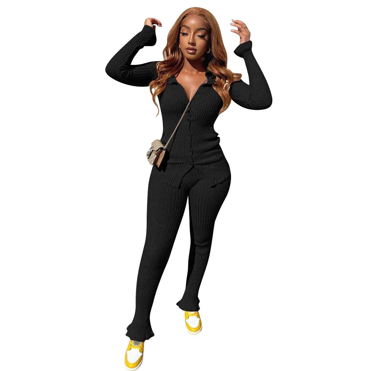 Chic Rib Knit Workout Set for Women - Long Sleeve Button-Up Sweatshirt & Leggings Tracksuit